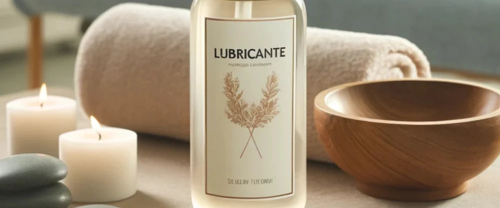 Flaska med glidmedel omgiven av tända ljus, en hoprullad handduk och en träskål – uppställd i en avslappnande spamiljö