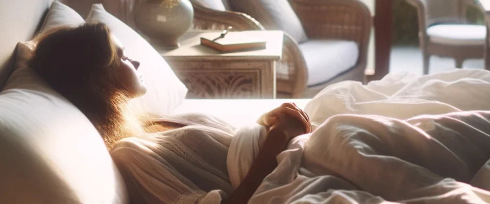 Kvinna som vilar avslappnat i en solbelyst säng, omgiven av mjuka textilier och varm morgonbelysning i ett lugnt sovrum