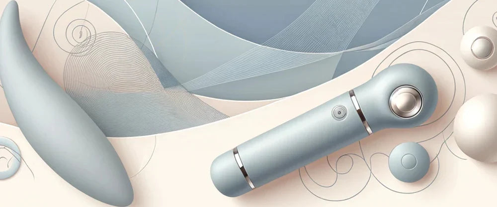 Stilren samling av moderna sexleksaker i mjuka pastellfärger, fotograferade mot ett abstrakt bakgrundsmönster i blått och beige