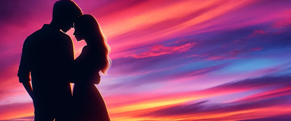 Silhuett av ett par som omfamnar varandra mot en dramatisk, färgstark solnedgång med rosa, lila och blå nyanser på himlen