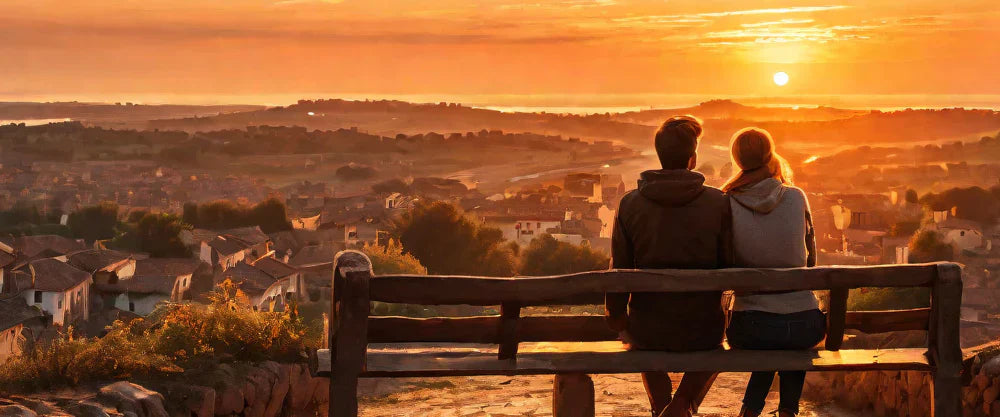 Ett par sitter på en bänk och tittar ut över en pittoresk stad i solnedgången, med varma gyllene toner som sveper över landskapet