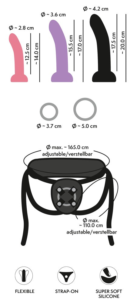 Strap-on setti, jossa 3 silikonidildoa