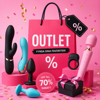 Outlet med sexleksaker och intima produkter på kampanj. Vibratorer, analplugg och tillbehör presenterade med rabatttema och fyndpriser.