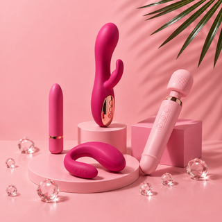 För henne – exklusiva sexleksaker för kvinnor i elegant rosa design med vibratorer och massageprodukter på ljusrosa bakgrund.