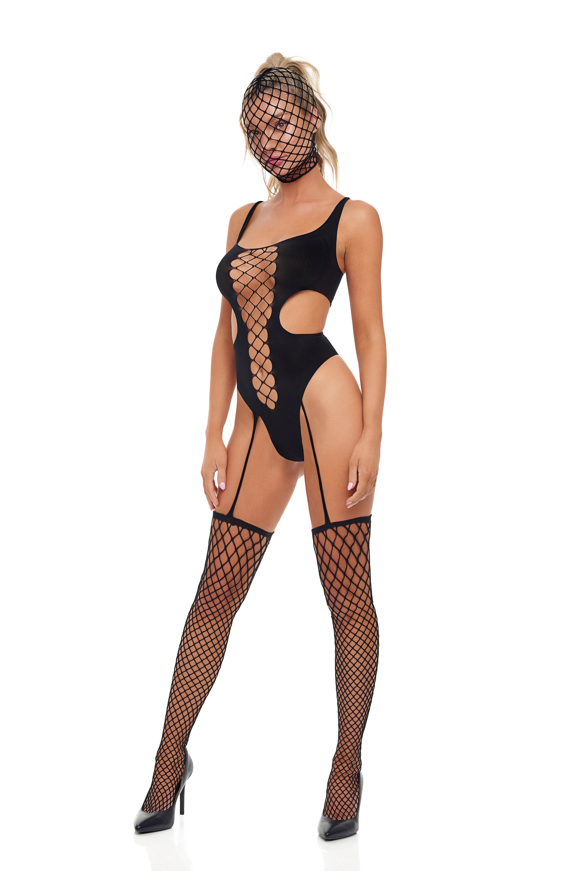 Pink Lipstick Nät-Bodystocking med Mask