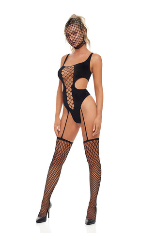 Pink Lipstick Nät-Bodystocking med Mask