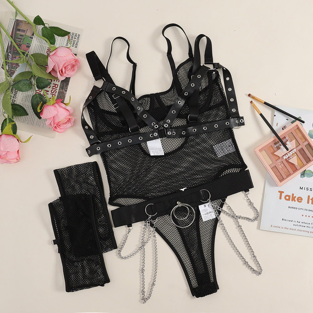 Mesh Bodysuit With Chains And Studs